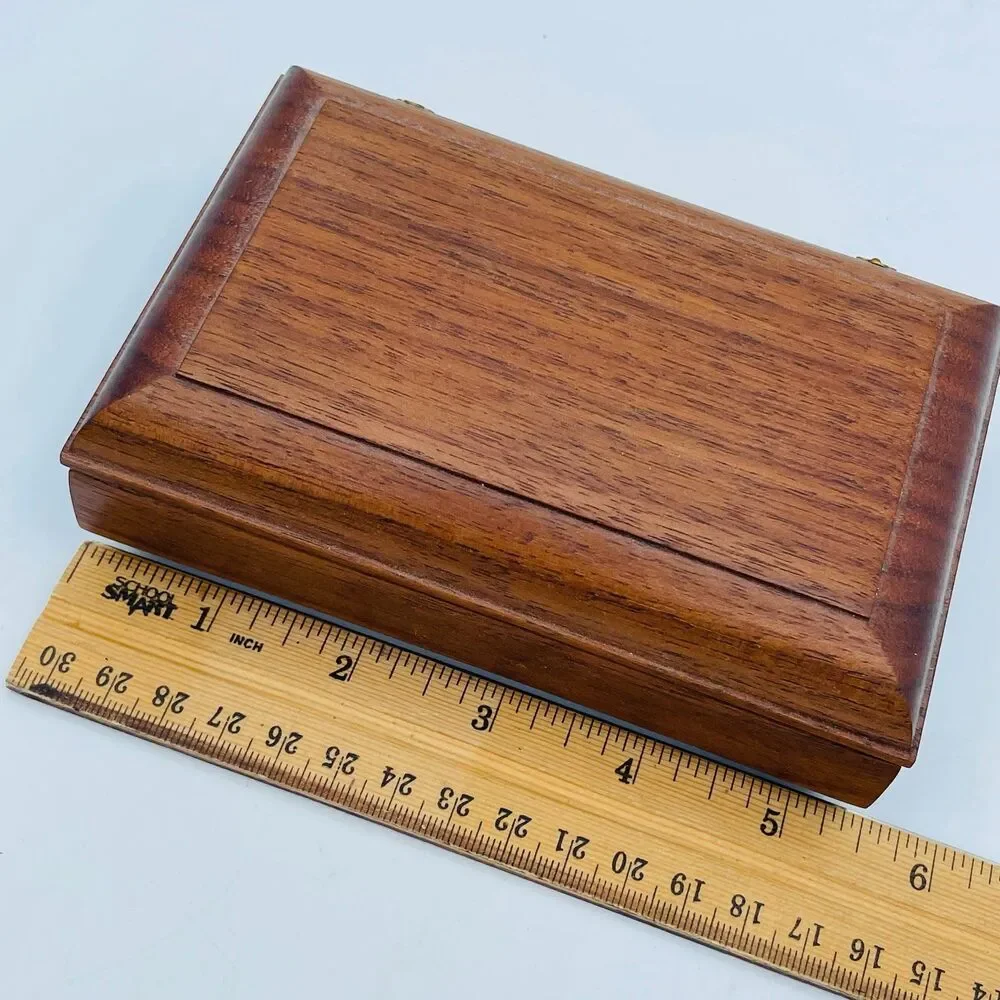 Vintage Hand Crafted Small Rectangular Wooden Trinket Jewelry Box w/ Hinges
